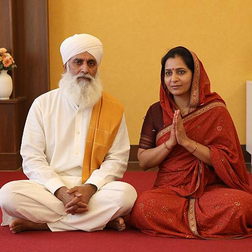 Photograph of an elderly Indian man with a white beard and turban, seated beside a woman in a red saree, both kneeling in prayer on