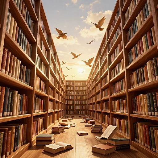 Photograph of a grand library with towering wooden bookshelves, scattered open books, and birds flying in the sunset-lit sky.