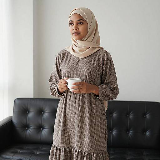 Young Woman in Hijab by Sofa