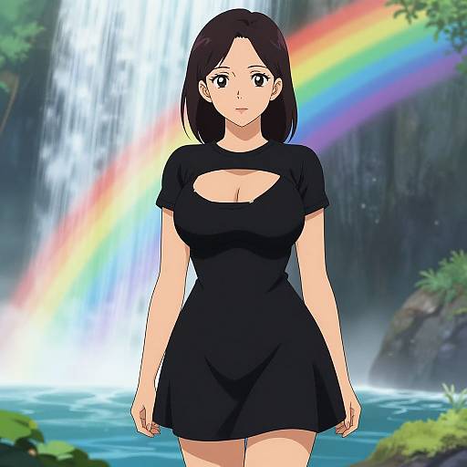 Anime-style drawing of a fair-skinned woman with black hair in a black dress standing in front of a waterfall and rainbow.