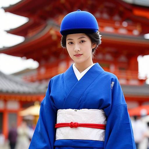 Woman in Blue Kimono by Pagoda