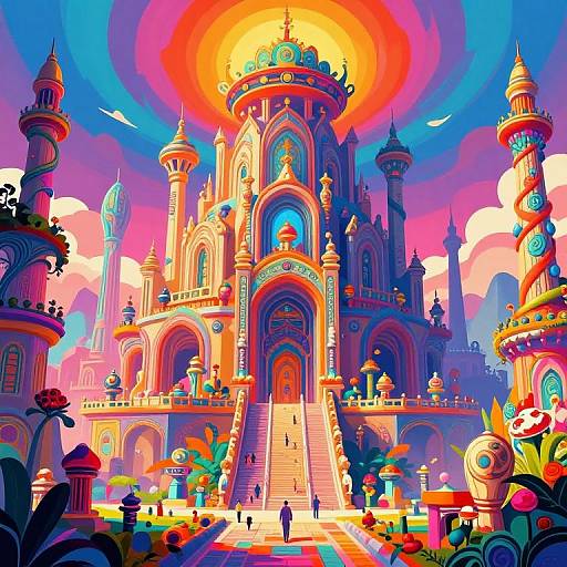 Vibrant digital illustration of a fantastical, sunlit palace with colorful arches, ornate towers, and a radiant sun halo, surrounded by