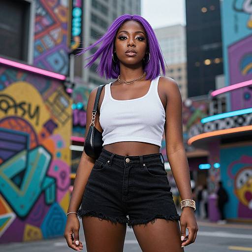 Photograph of a confident Black woman with purple bob haircut, wearing white crop top and black high-waisted shorts, standing in a vibrant, graffiti