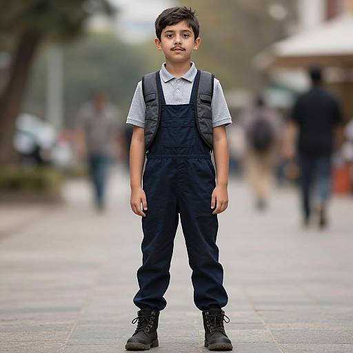 Photograph of a young boy with short black hair, wearing a white shirt, black overalls, and boots, standing confidently on a blurred urban street