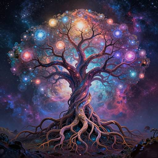 Digital artwork of a mystical, twisted tree with gnarled roots, adorned with glowing, multicolored orbs in a vibrant, starry night sky