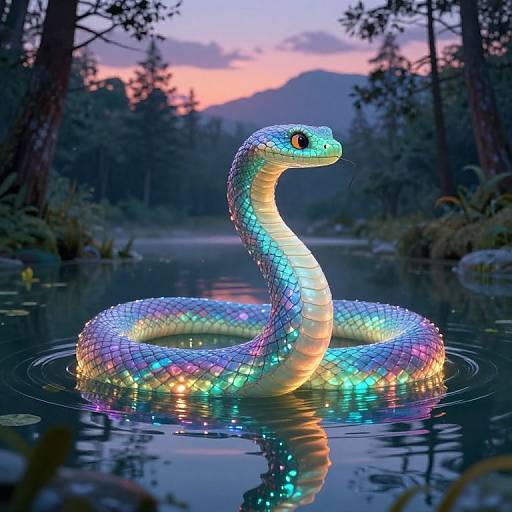 Digital art of a glowing, iridescent snake with vibrant blue, purple, and yellow scales, coiled in a serene forest pond at sunset,