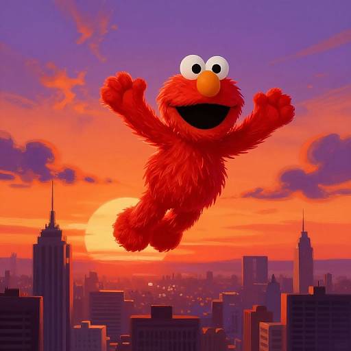 Elmo Soaring Over Sunset Cityscape