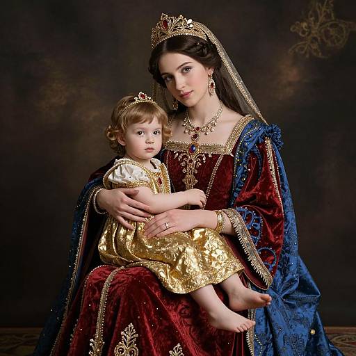 Photograph of a regal woman with dark hair and fair skin, wearing a red and blue velvet gown, holding a young blonde child in a gold