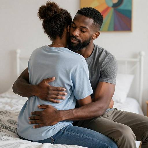 Sunlit Intimate Couple on Patterned Bed