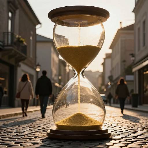 Photograph of a large, glass hourglass with glowing sand, standing on a cobblestone street, people walking in the sunlit background.