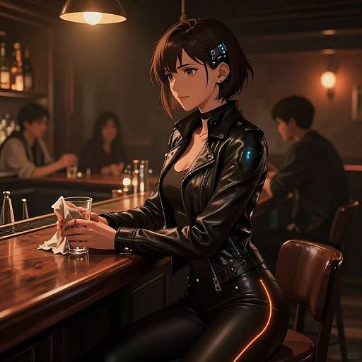 Digital anime-style illustration of a brunette woman in a black leather jacket, sitting at a dimly lit bar, holding a glass and napkin, with