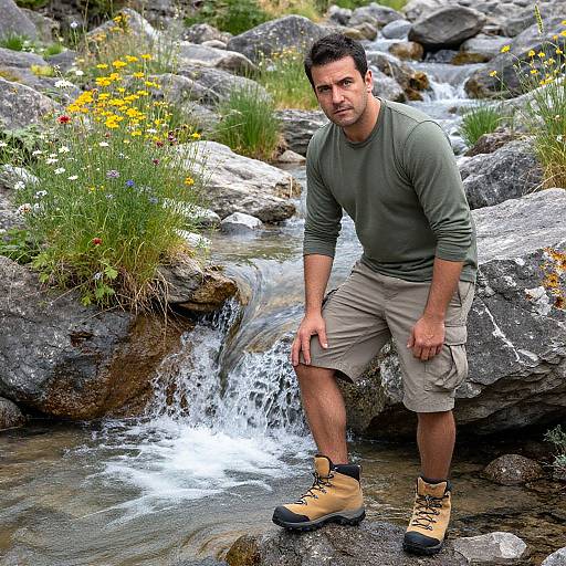 Photograph of a muscular, dark-haired man in green long-sleeve shirt and khaki cargo shorts, standing by a small, rocky stream with