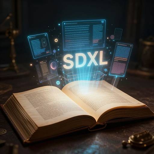 Photograph of an open book with glowing blue holographic screens and 