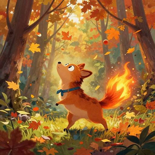Whimsical digital painting of a small, orange, fox-like creature with a fiery tail, wearing a blue collar, joyfully chasing autumn leaves in