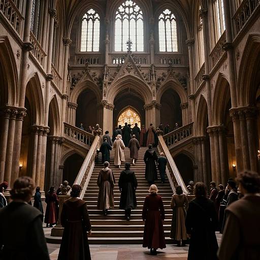 Photograph of a Gothic cathedral interior with tall arches, stone columns, and a central staircase. Clerics in long robes ascend the stairs, illuminated
