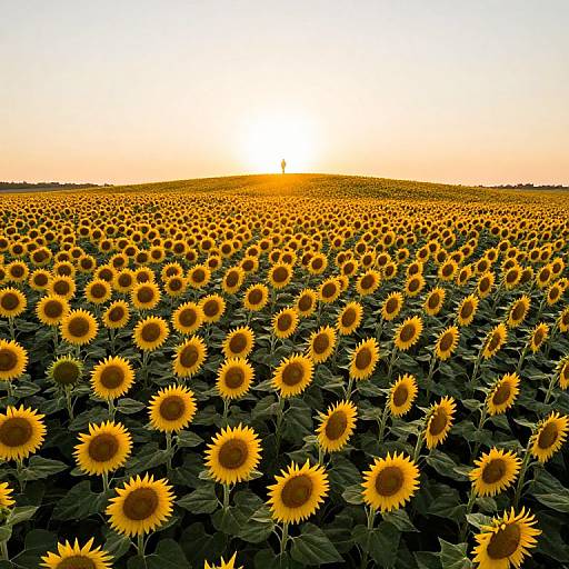 Photograph of a vast sunflower field at sunset, with bright yellow sunflowers in the foreground and a golden horizon in the background.