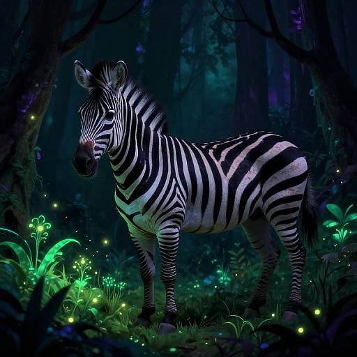 Digital artwork of a zebra with glowing black and white stripes standing in a dark, luminescent forest filled with bioluminescent plants and fire