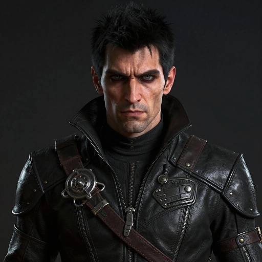 Photograph of a serious, dark-haired man with intense eyes, wearing a black leather jacket with metal accents and straps, against a dark background.