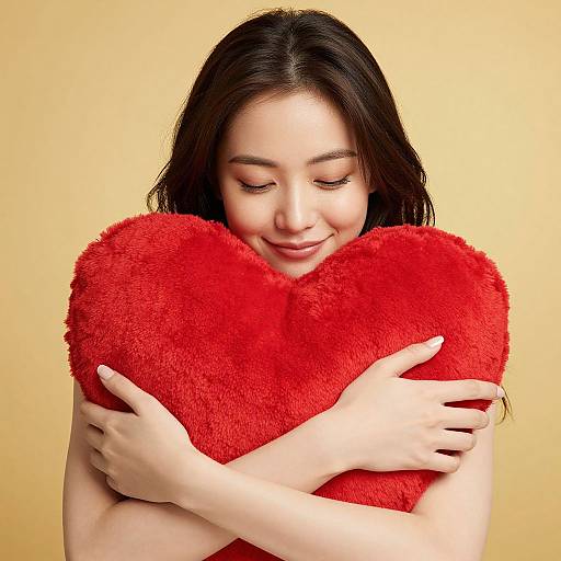 Young Woman Embracing Heart Pillow
