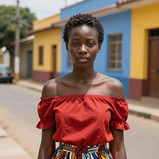 Photograph of an African woman with dark skin, short curly hair, wearing an off-shoulder red top and colorful skirt, standing in front of