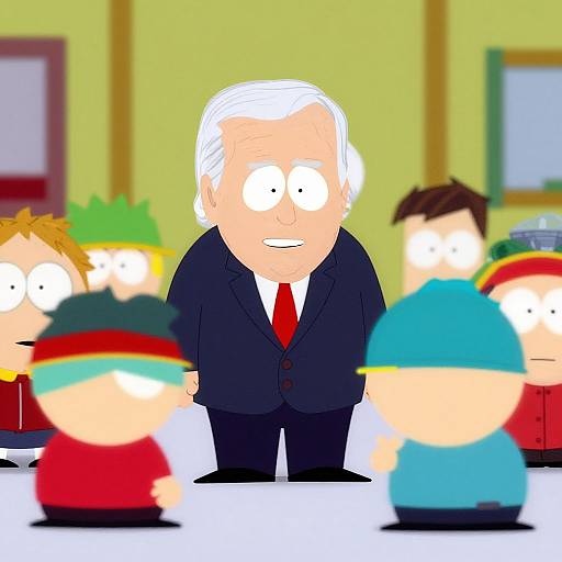Cartoon image of a white-haired elderly man in a black suit and red tie, standing among blurry, colorful children in the background.