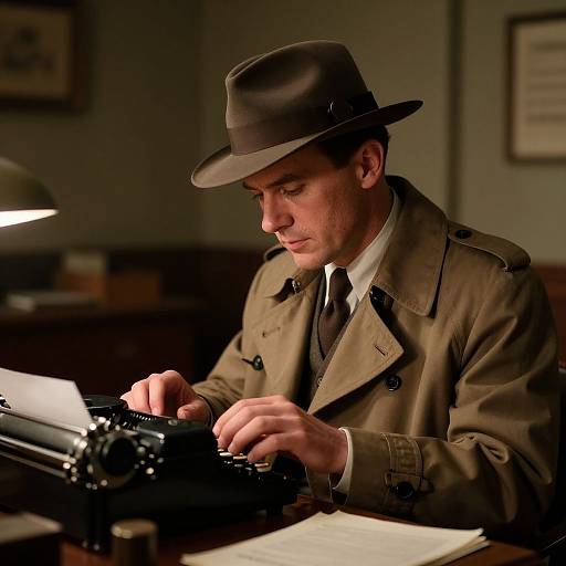 Photograph of a focused, young man in a brown trench coat and fedora, typing on an old typewriter in a dimly lit office.