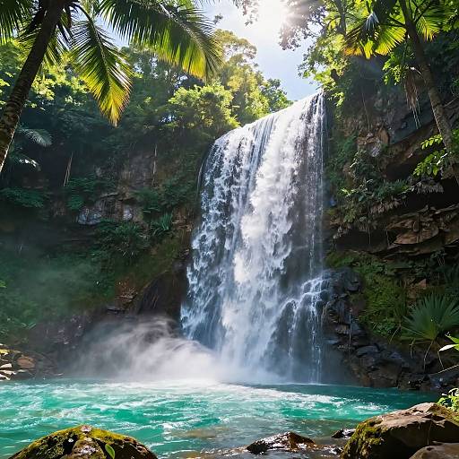 Tropical Waterfall Amid Lush Greenery