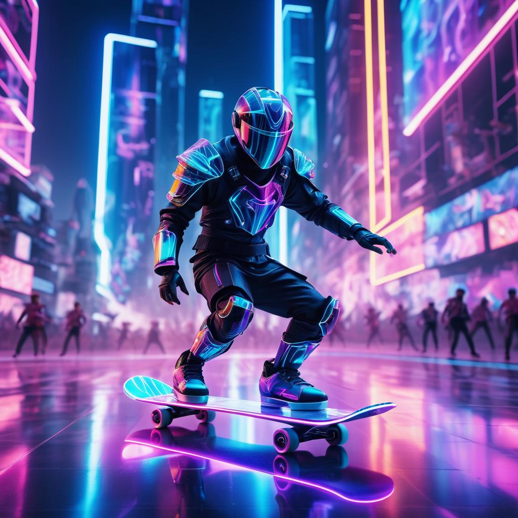 Futuristic Knight Skateboarding in Neon City