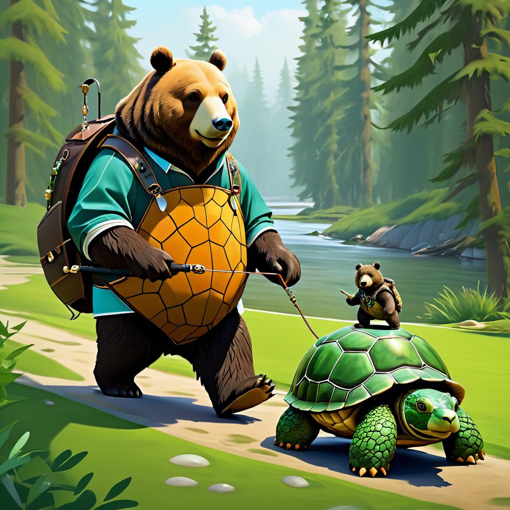 Whimsical Bear Walking a Turtle