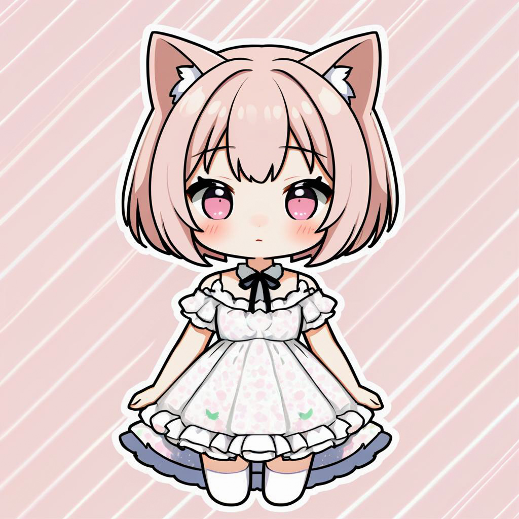 Adorable Blushing Catgirl in Frilly Dress