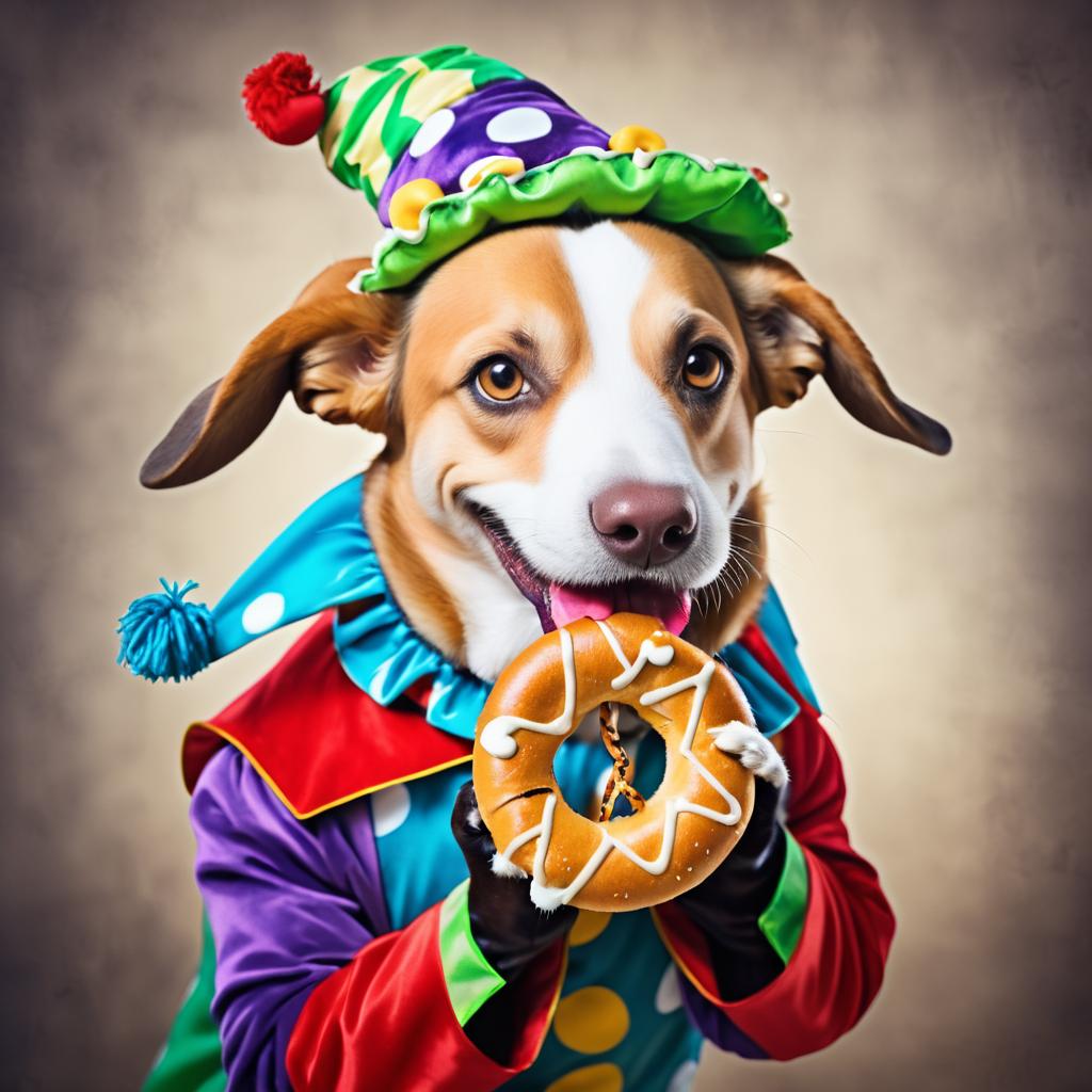 Playful Jester Dog Enjoying a Pretzel