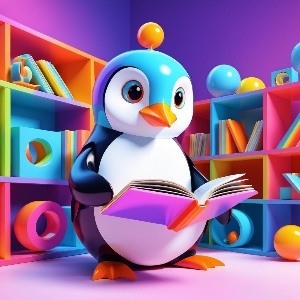 Vibrant 3D Toy Penguin Reading