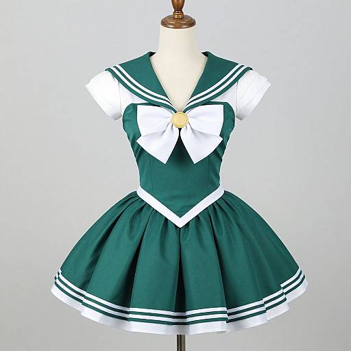 Photograph of a green Japanese schoolgirl uniform on a mannequin, featuring a white bow, sailor collar, and pleated skirt with white trim