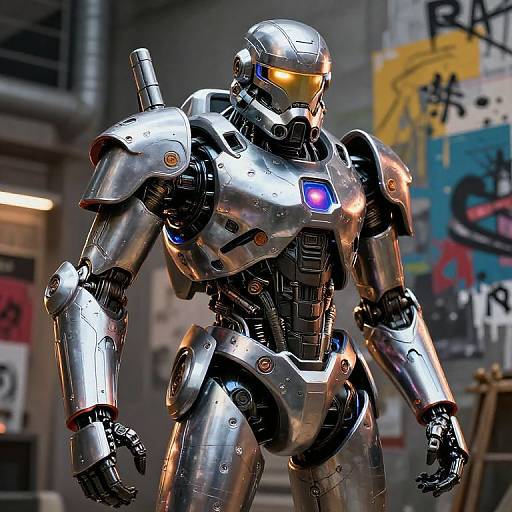Photorealistic CGI of a futuristic, silver robotic soldier with glowing blue and orange lights, standing in a graffiti-covered urban alley.