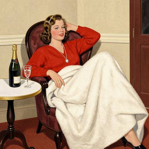 Vintage-style illustration of a red-haired woman in a red dress and white fur blanket, relaxing with champagne and a glass on a round table, in a