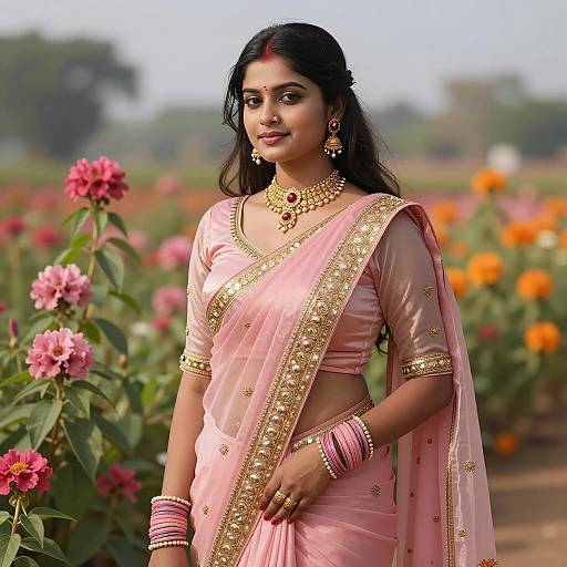 Young Indian Woman in Pink Saree in Flower Garden