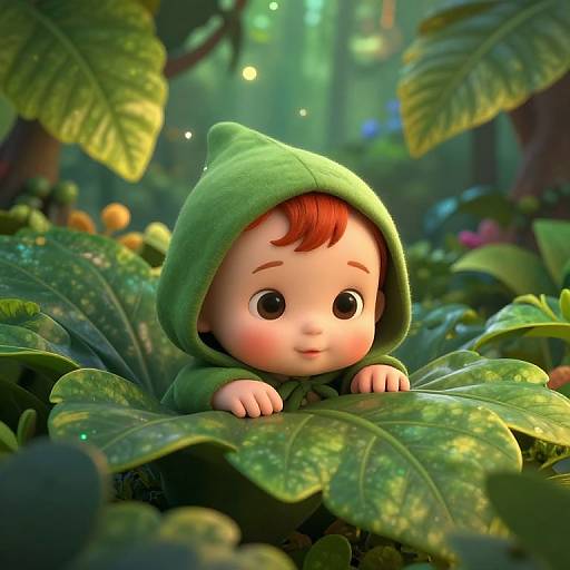 CGI image of a cute baby with red hair, large eyes, and green hooded outfit, peeking from lush, vibrant jungle leaves.