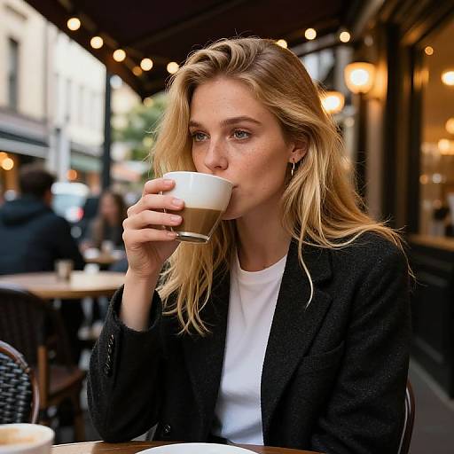 Photograph of a blonde woman with fair skin, wearing a black blazer and white shirt, sipping coffee in a cozy, warmly lit café.