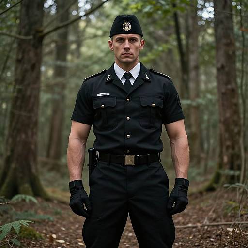 Photograph of a muscular, serious-looking male forest ranger in black uniform, gloves, and cap standing in a dense, green forest.