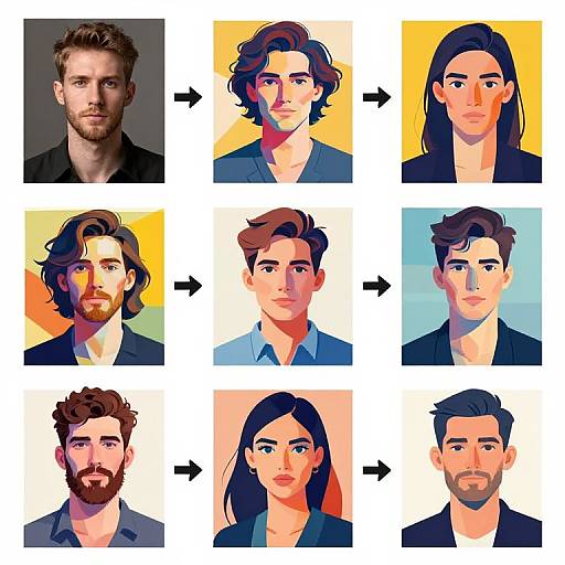 Digital illustration of nine male and female headshots, each with distinct hairstyles and facial hair, arranged in a 3x3 grid with arrows indicating transformations