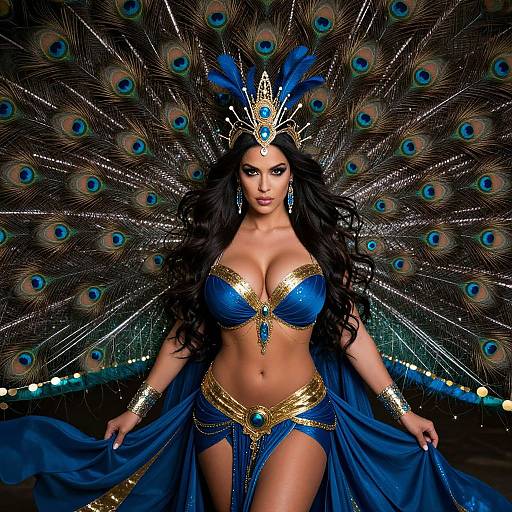 Photograph of a voluptuous woman with long black hair, wearing a blue and gold peacock-themed costume, crown, and jewelry, with a dramatic