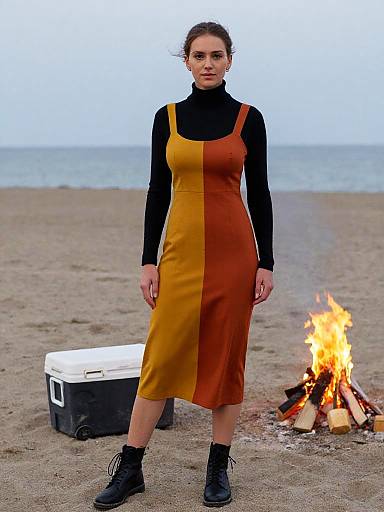 Photograph of a woman in a black turtleneck and two-tone orange-yellow dress, standing on a beach beside a campfire and white cooler.