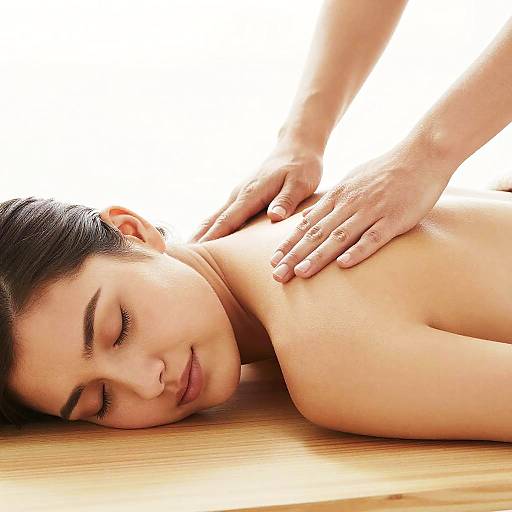 Photograph of a serene Asian woman with closed eyes receiving a massage on her shoulder by a masseuse's hands on a wooden table.