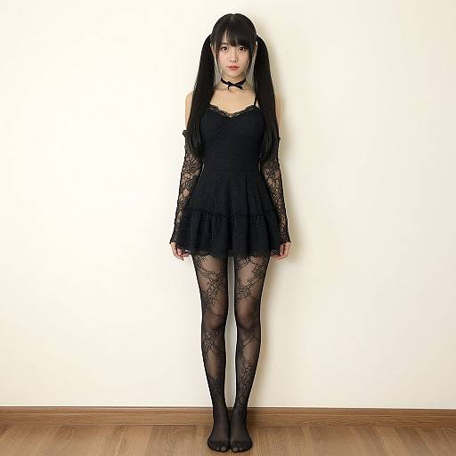 Photograph of a young woman with black hair, wearing a black lace dress, long lace sleeves, choker, and black lace stockings, standing on