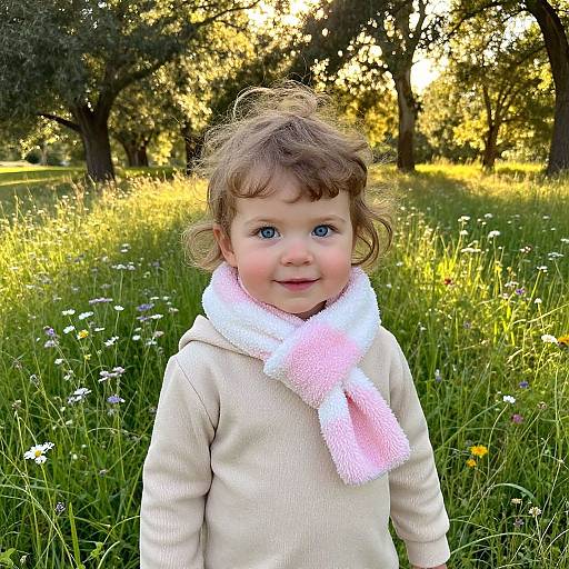 Photograph of a cute, curly-haired toddler with blue eyes, wearing a beige sweater and pink-and-white scarf, standing in a sunlit grassy