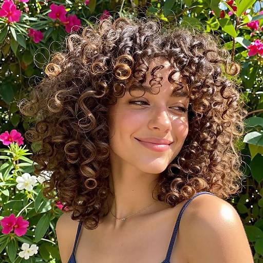 Photograph of a smiling woman with curly brown hair, wearing a black spaghetti strap top, surrounded by vibrant pink flowers and green leaves in bright sunlight.