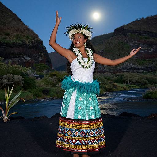Photograph of a smiling Polynesian woman in a white top, turquoise skirt with colorful patterns, and flower crown, dancing under a full moon in
