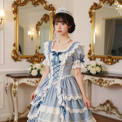 Photograph of an Asian woman in a blue, lace-trimmed, Victorian-style dress with a white tiara and pearl necklace, standing in an