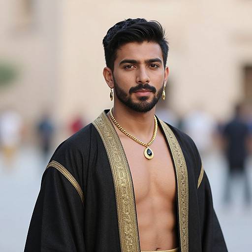 Photograph of a handsome, bearded South Asian man with dark hair, wearing a black robe with gold trim, gold earrings, and a gold necklace