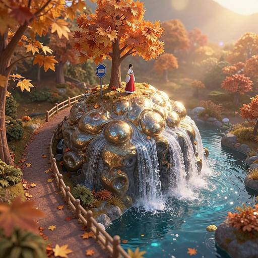 Digital painting: Autumn scene with golden, textured rock island, small waterfall, blue pond, red-dressed woman, stop sign, orange leaves, sun